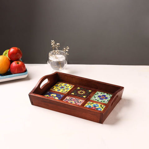 Handcrafted Blue Pottery Wooden Serving Tray (12 x 8 in) 27