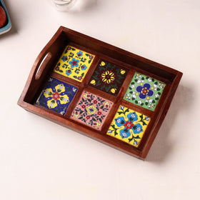 Handcrafted Blue Pottery Wooden Serving Tray (12 x 8 in) 27