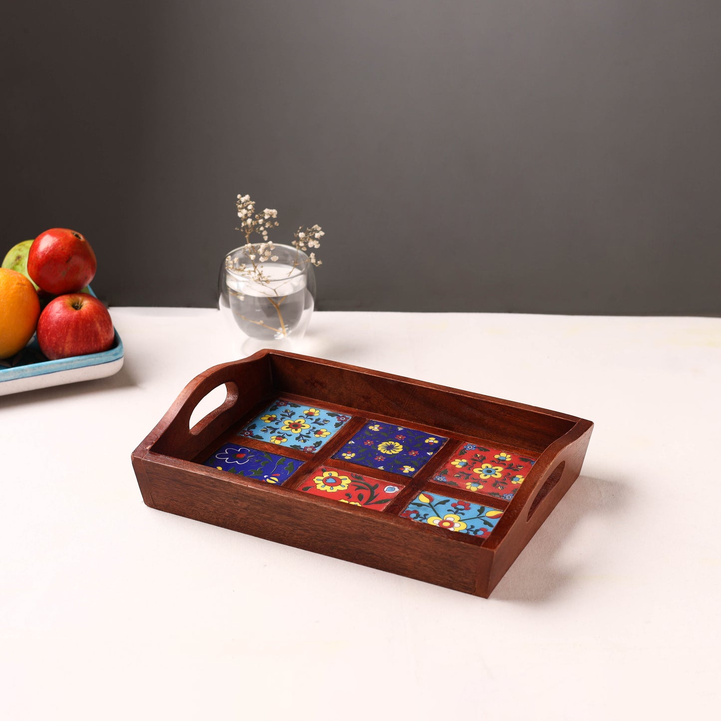 Handcrafted Blue Pottery Wooden Serving Tray (12 x 8 in) 28