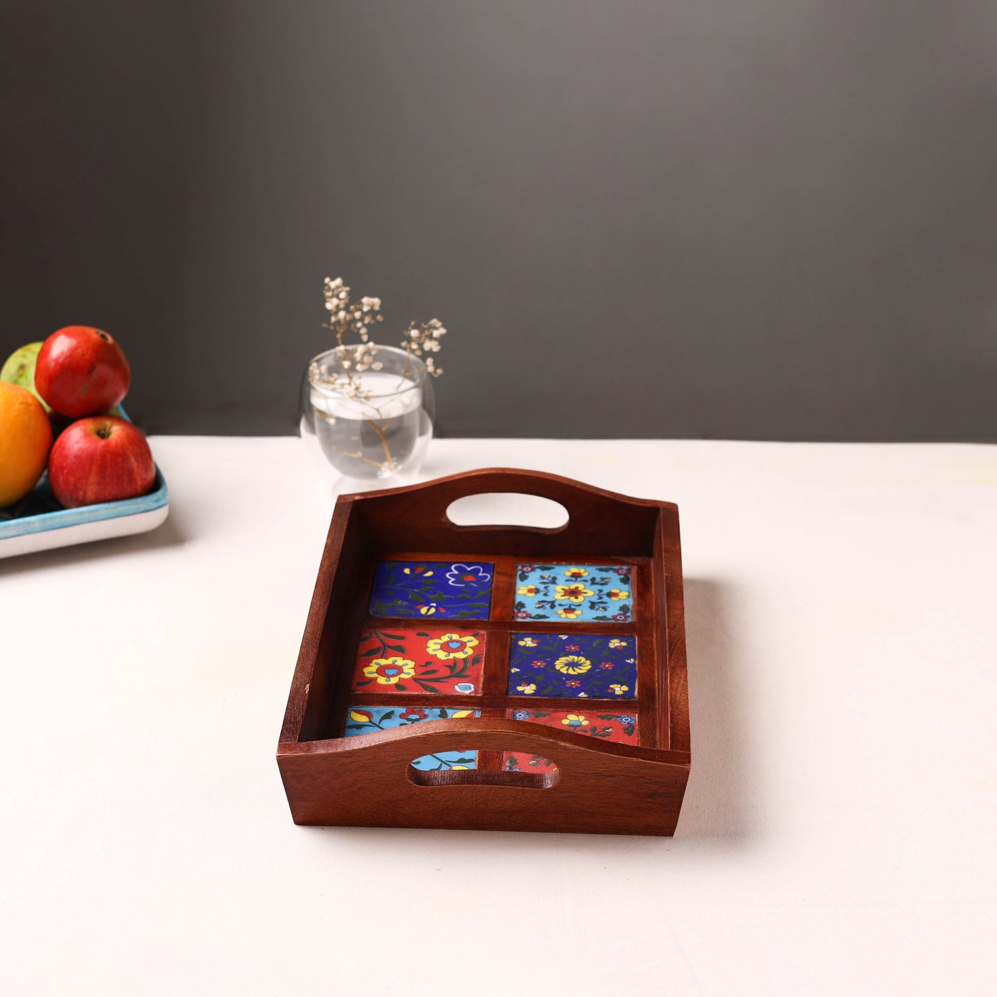 Handcrafted Blue Pottery Wooden Serving Tray (12 x 8 in) 28