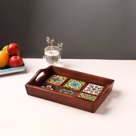 Handcrafted Blue Pottery Wooden Serving Tray (12 x 8 in) 29