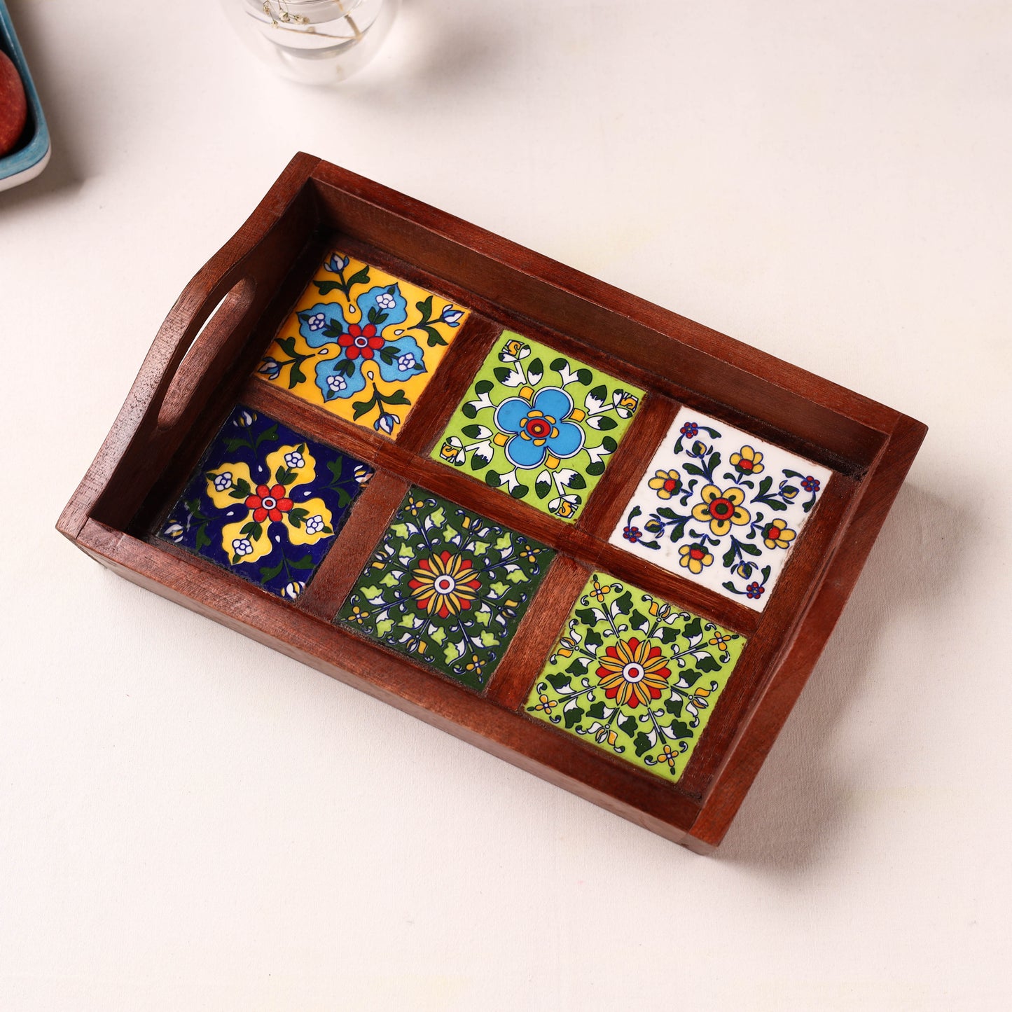 Handcrafted Blue Pottery Wooden Serving Tray (12 x 8 in) 29