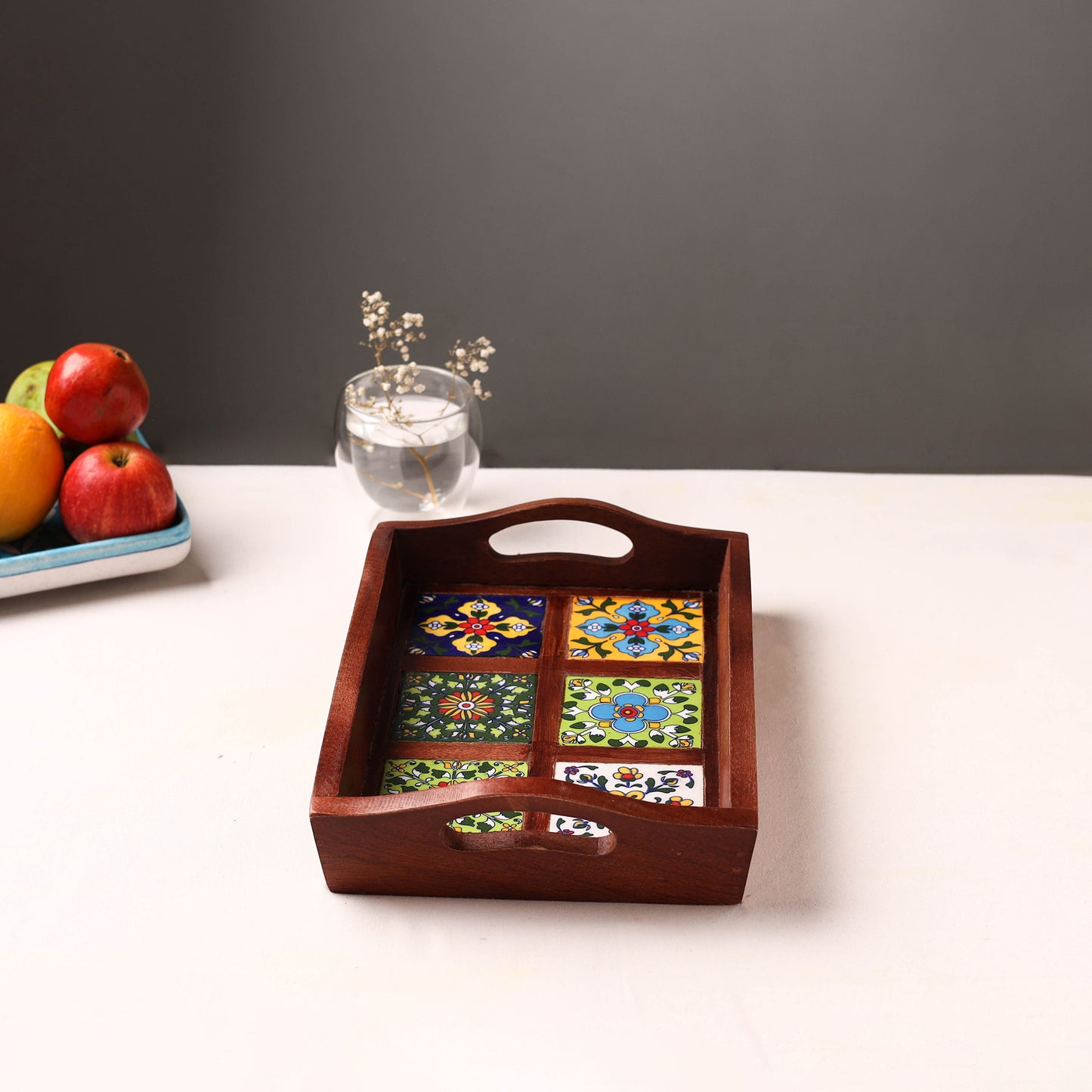 Handcrafted Blue Pottery Wooden Serving Tray (12 x 8 in) 29