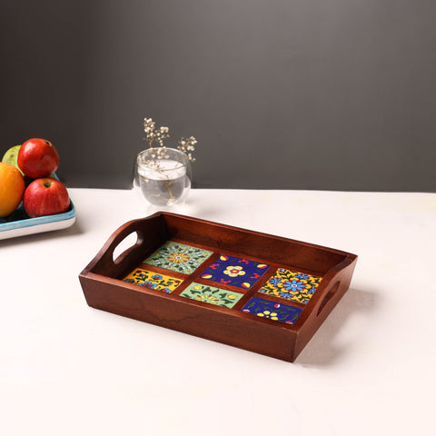 Handcrafted Blue Pottery Wooden Serving Tray (12 x 8 in) 30