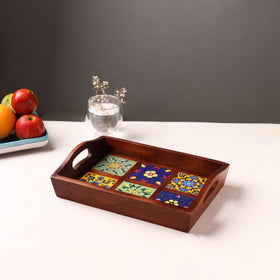 Handcrafted Blue Pottery Wooden Serving Tray (12 x 8 in) 30