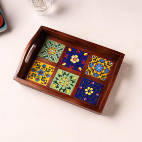 Handcrafted Blue Pottery Wooden Serving Tray (12 x 8 in) 30