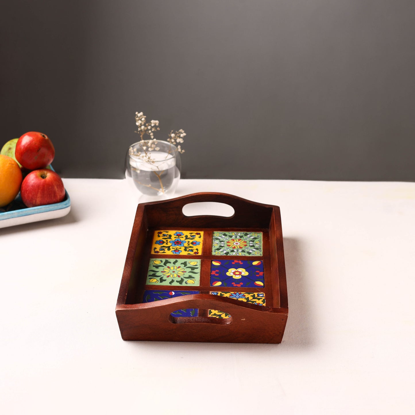 Handcrafted Blue Pottery Wooden Serving Tray (12 x 8 in) 30