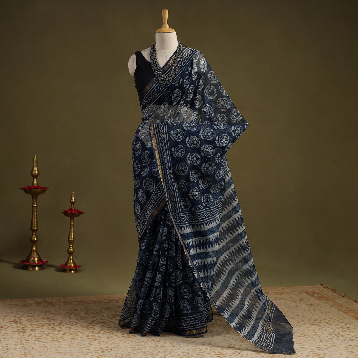 Buy Block Print Kota Doria Cotton Indigo Bagru Saree