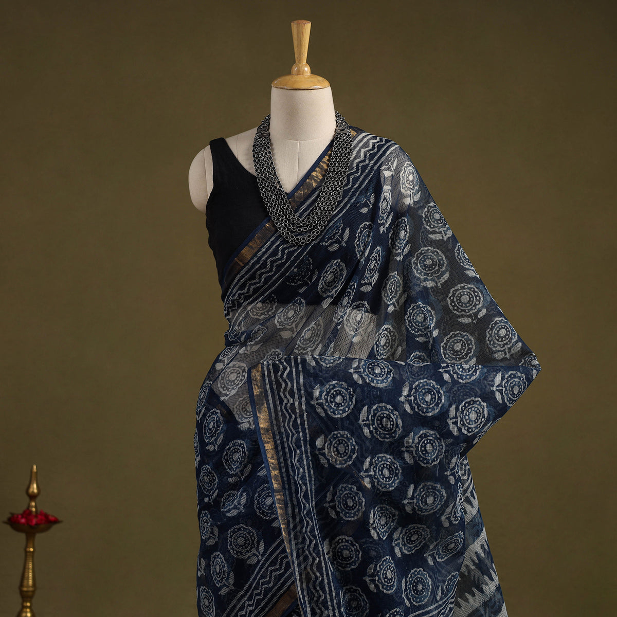 Buy Block Print Kota Doria Cotton Indigo Bagru Saree