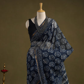 Buy Block Print Kota Doria Cotton Indigo Bagru Saree