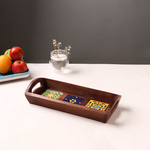 Brown - Handcrafted Blue Pottery Wooden Serving Tray (12 x 5 in) 33