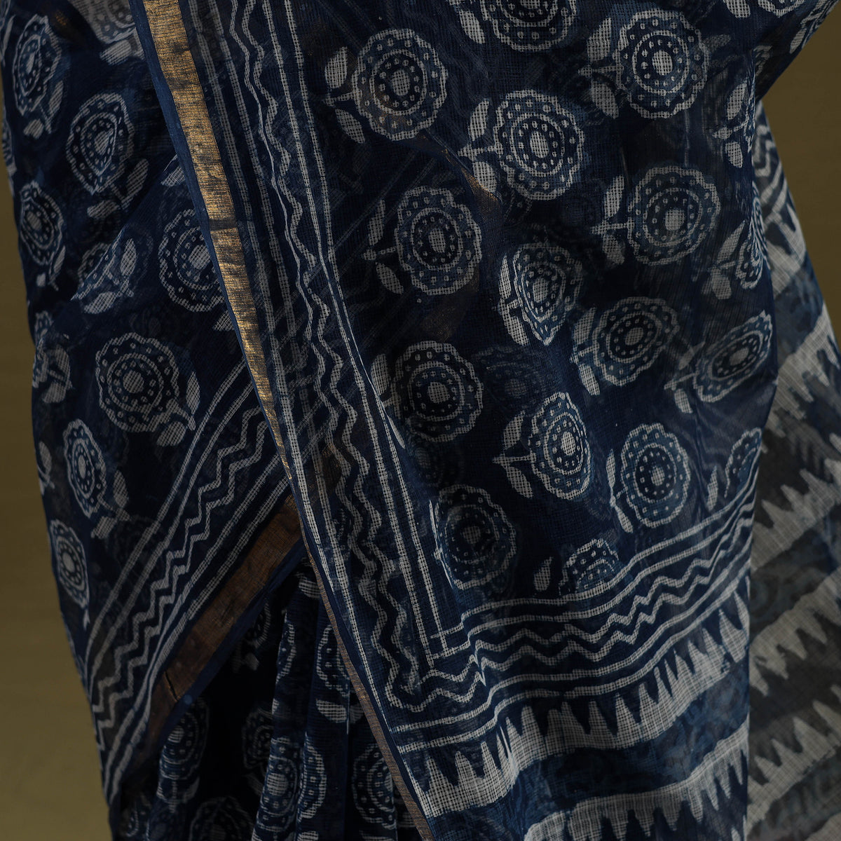 Buy Block Print Kota Doria Cotton Indigo Bagru Saree