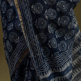 Buy Block Print Kota Doria Cotton Indigo Bagru Saree
