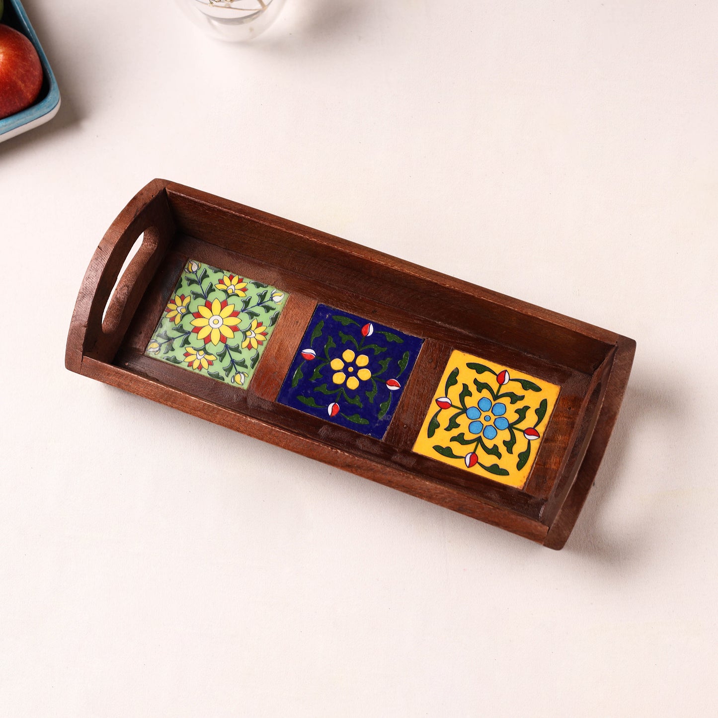 Brown - Handcrafted Blue Pottery Wooden Serving Tray (12 x 5 in) 33