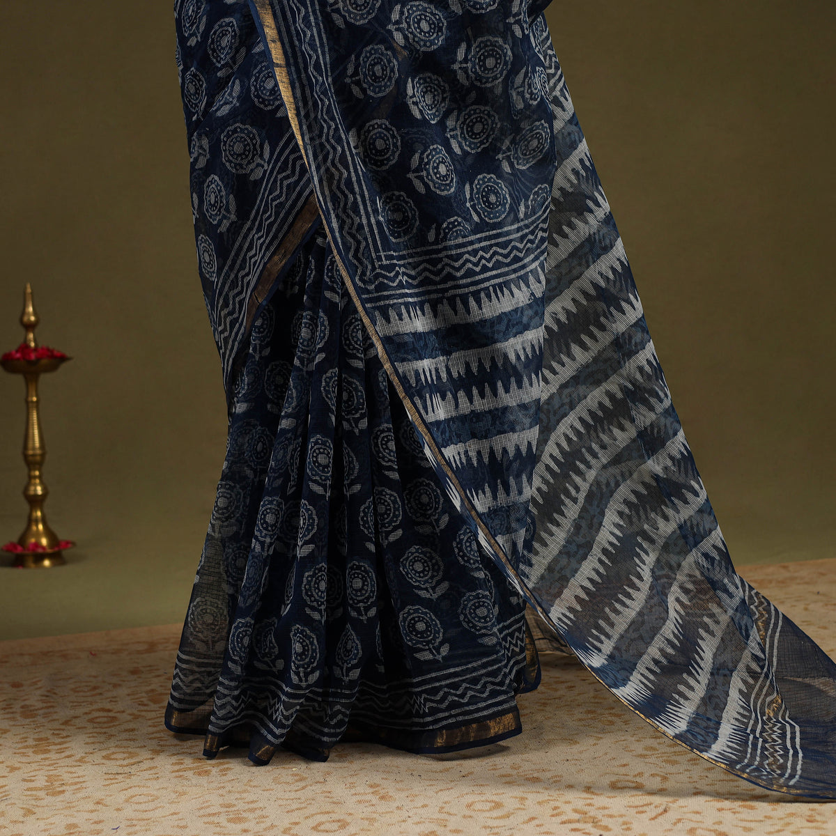Buy Block Print Kota Doria Cotton Indigo Bagru Saree