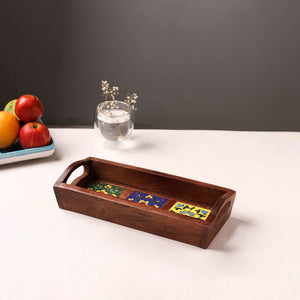 Brown - Handcrafted Blue Pottery Wooden Serving Tray (12 x 5 in) 34