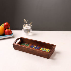 Handcrafted Blue Pottery Wooden Serving Tray (12 x 5 in) 34