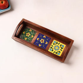 Handcrafted Blue Pottery Wooden Serving Tray (12 x 5 in) 34