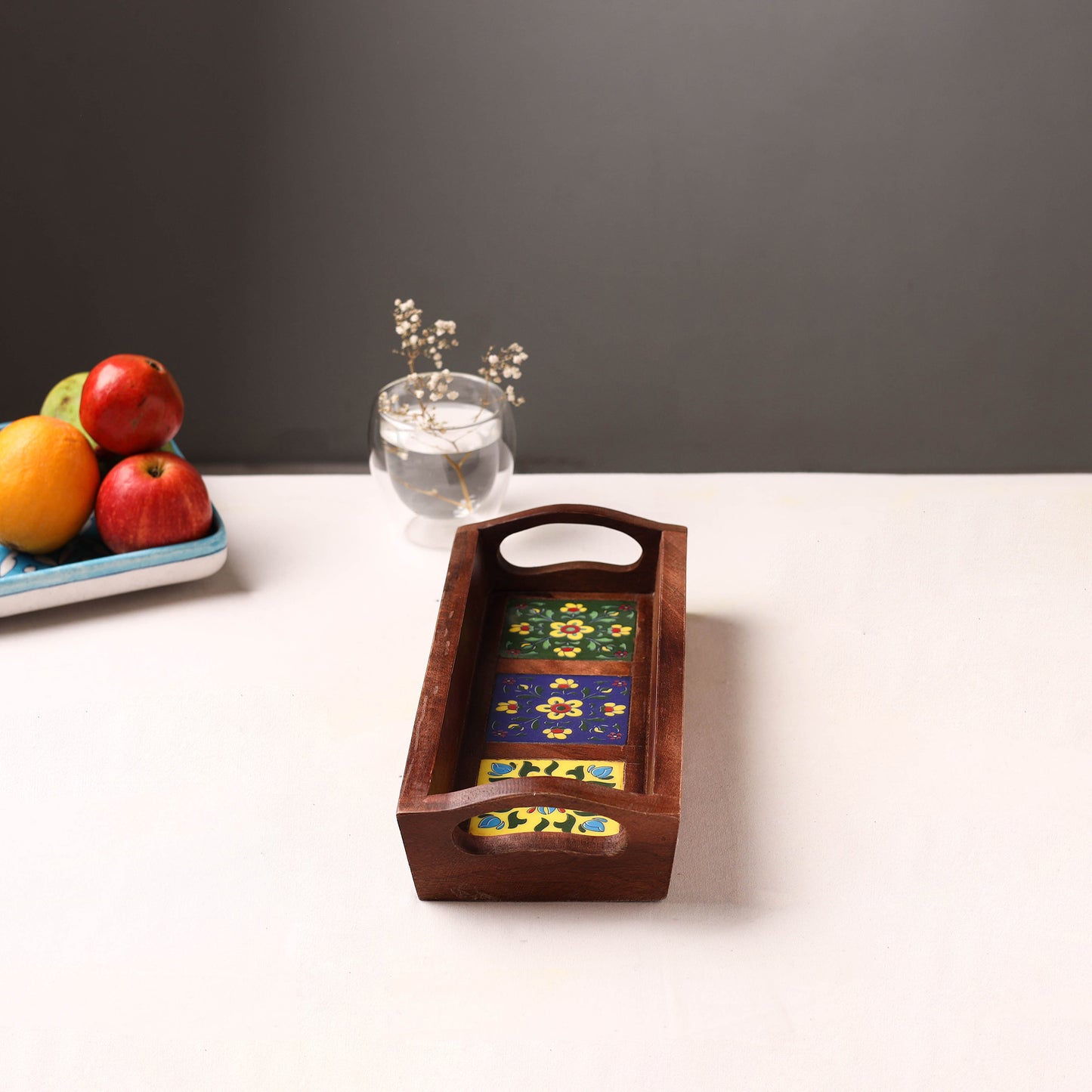 Handcrafted Blue Pottery Wooden Serving Tray (12 x 5 in) 34