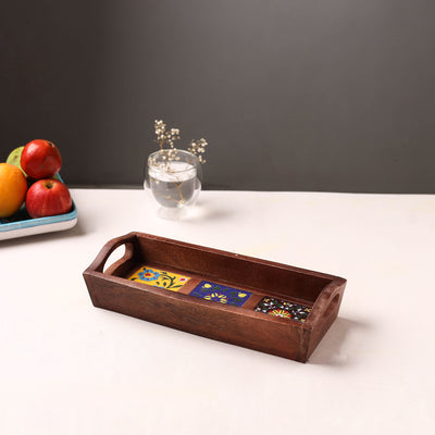 Handcrafted Blue Pottery Wooden Serving Tray (12 x 5 in) 35