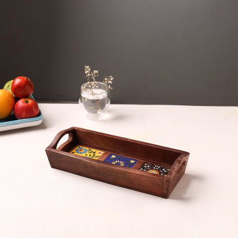 Handcrafted Blue Pottery Wooden Serving Tray (12 x 5 in) 35