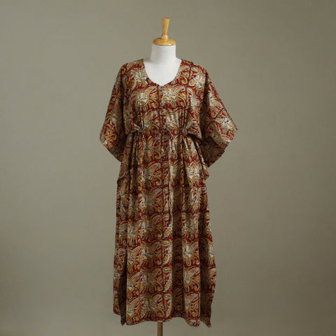 Red Kalamkari Block Print Cotton Kaftan (Long)