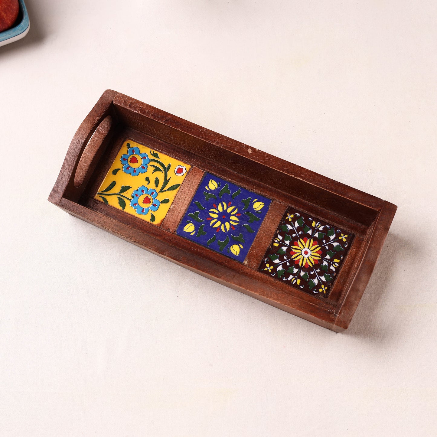 Handcrafted Blue Pottery Wooden Serving Tray (12 x 5 in) 35