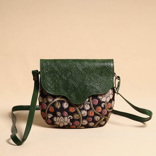Green - Handcrafted Kalamkari Printed Sling Bag with Embossed Leather Flap