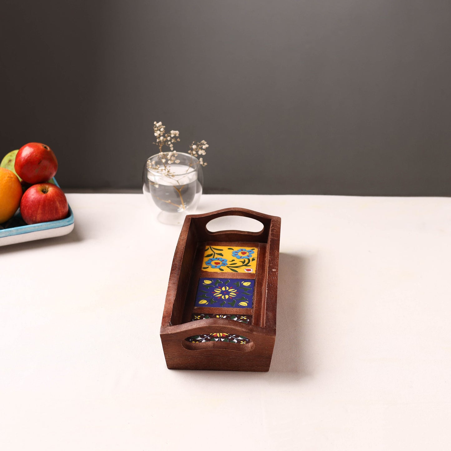 Handcrafted Blue Pottery Wooden Serving Tray (12 x 5 in) 35