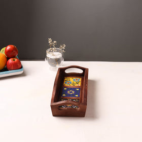 Handcrafted Blue Pottery Wooden Serving Tray (12 x 5 in) 35