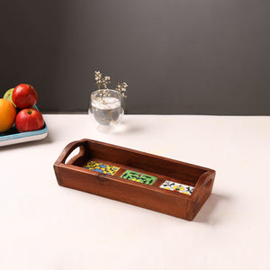 Brown - Handcrafted Blue Pottery Wooden Serving Tray (12 x 5 in) 36