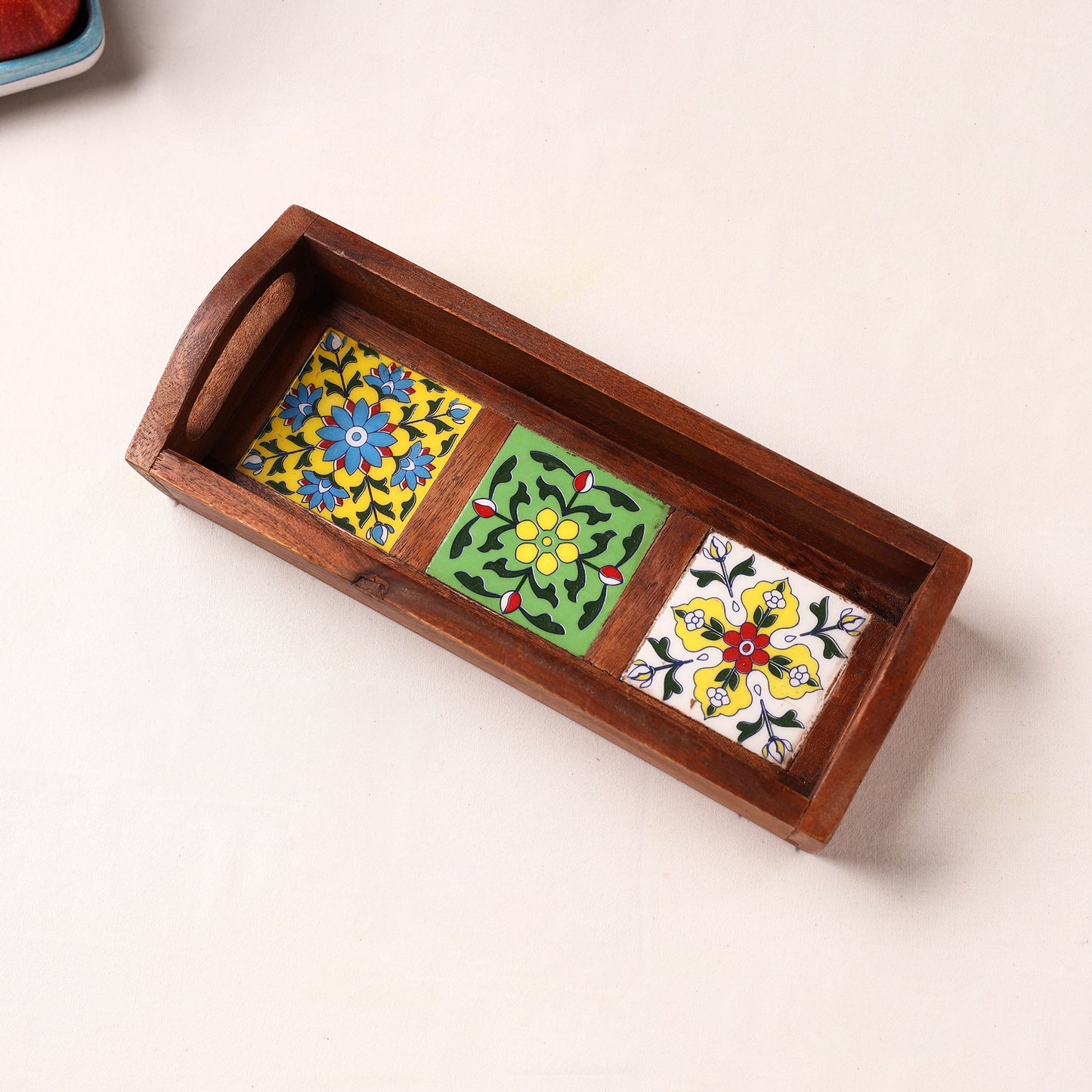 Handcrafted Blue Pottery Wooden Serving Tray (12 x 5 in) 36