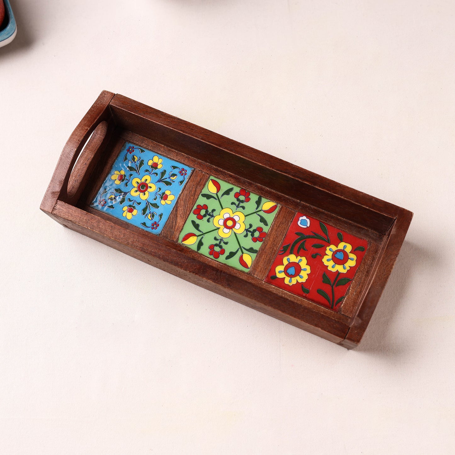 Handcrafted Blue Pottery Wooden Serving Tray (12 x 5 in) 37