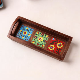 Handcrafted Blue Pottery Wooden Serving Tray (12 x 5 in) 37