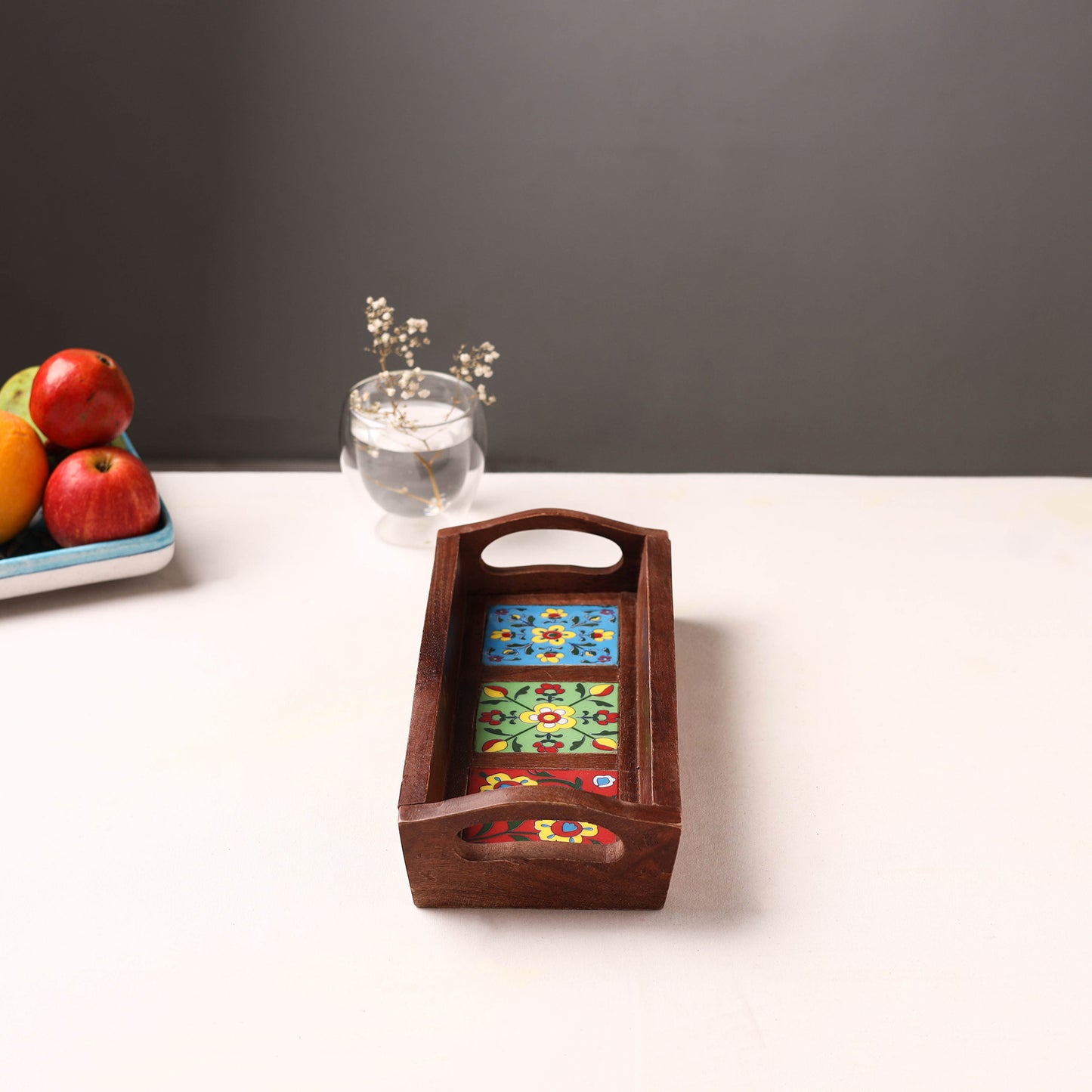 Handcrafted Blue Pottery Wooden Serving Tray (12 x 5 in) 37
