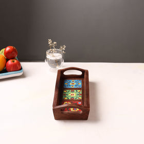 Handcrafted Blue Pottery Wooden Serving Tray (12 x 5 in) 37