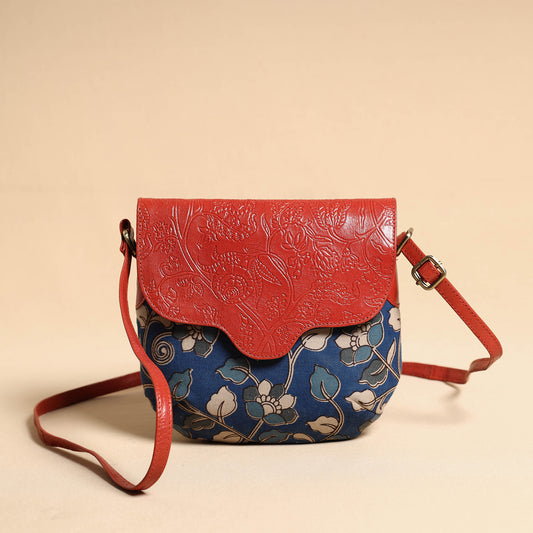 Red - Handcrafted Kalamkari Printed Sling Bag with Embossed Leather Flap