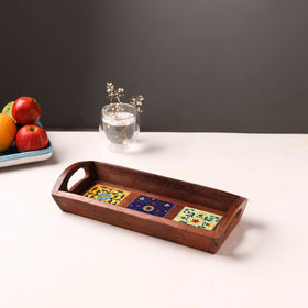 Handcrafted Blue Pottery Wooden Serving Tray (12 x 5 in) 38