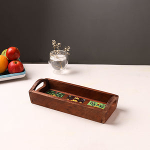 Brown - Handcrafted Blue Pottery Wooden Serving Tray (12 x 5 in) 39