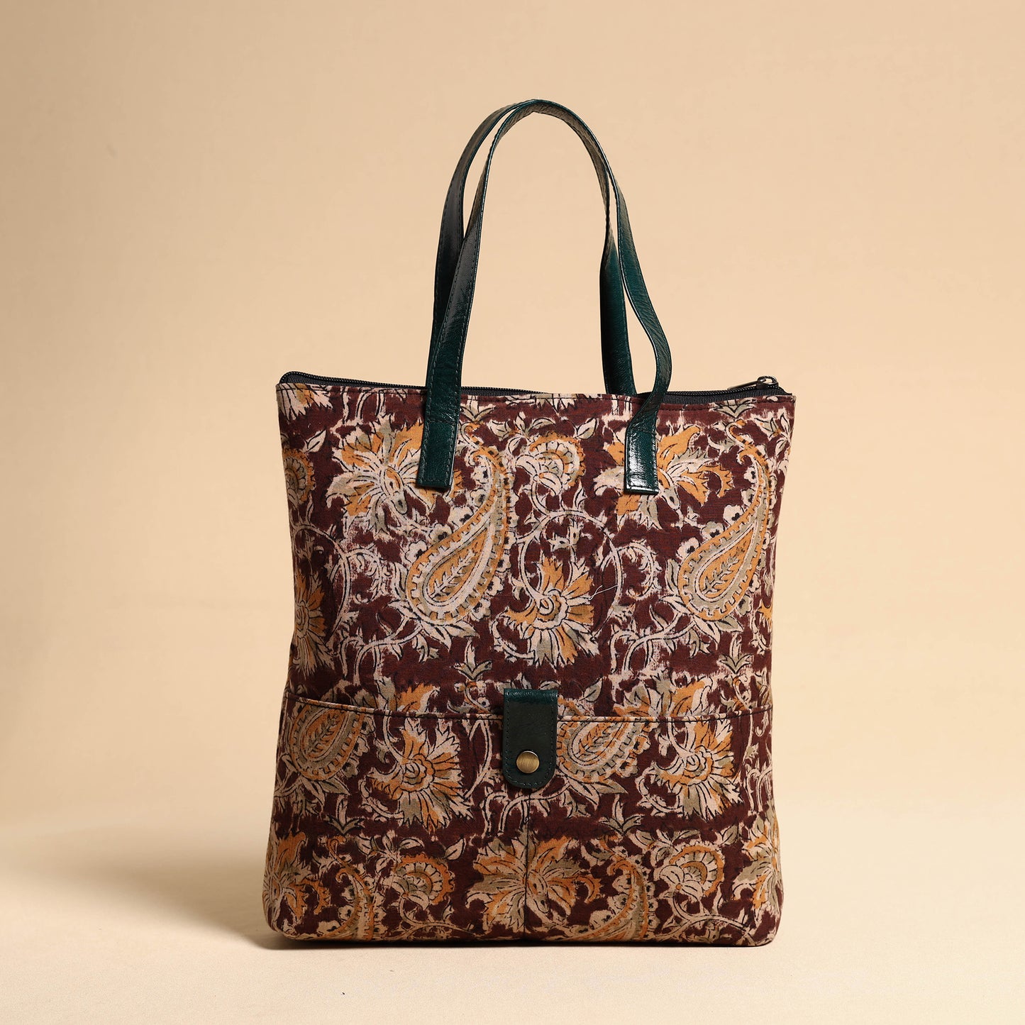 Handcrafted Kalamkari Block Printed Hand Bag with Leather Handle