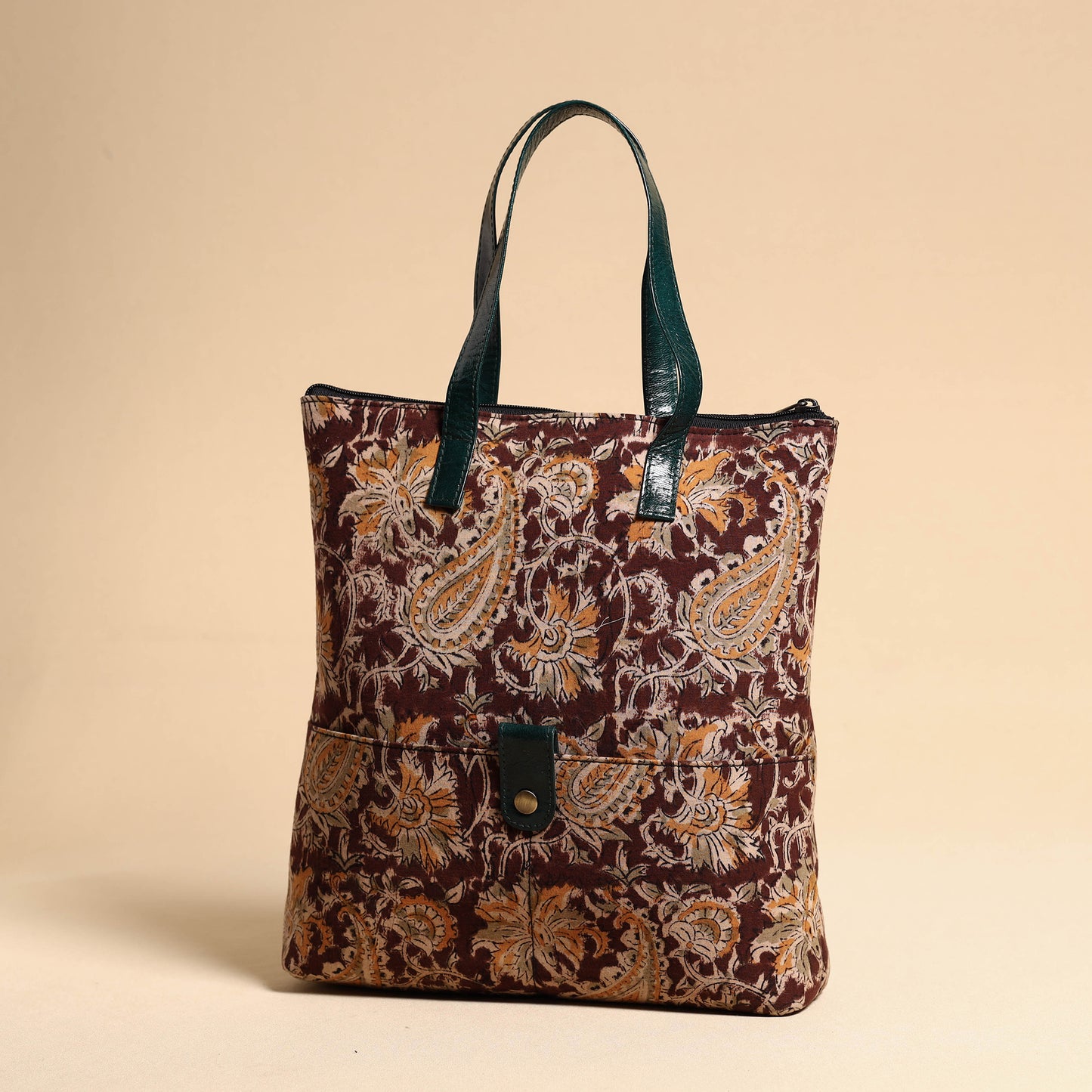 Handcrafted Kalamkari Block Printed Hand Bag with Leather Handle