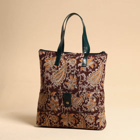  Handcrafted Kalamkari Block Printed Hand Bag with Leather Handle 