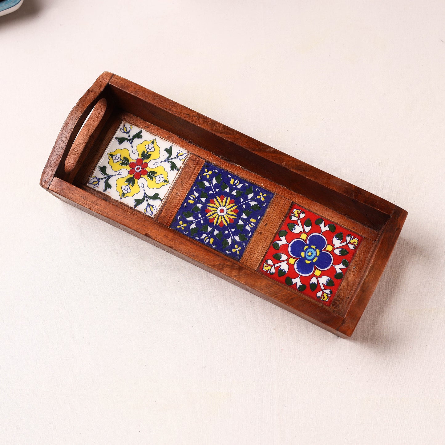Handcrafted Blue Pottery Wooden Serving Tray (12 x 5 in) 40