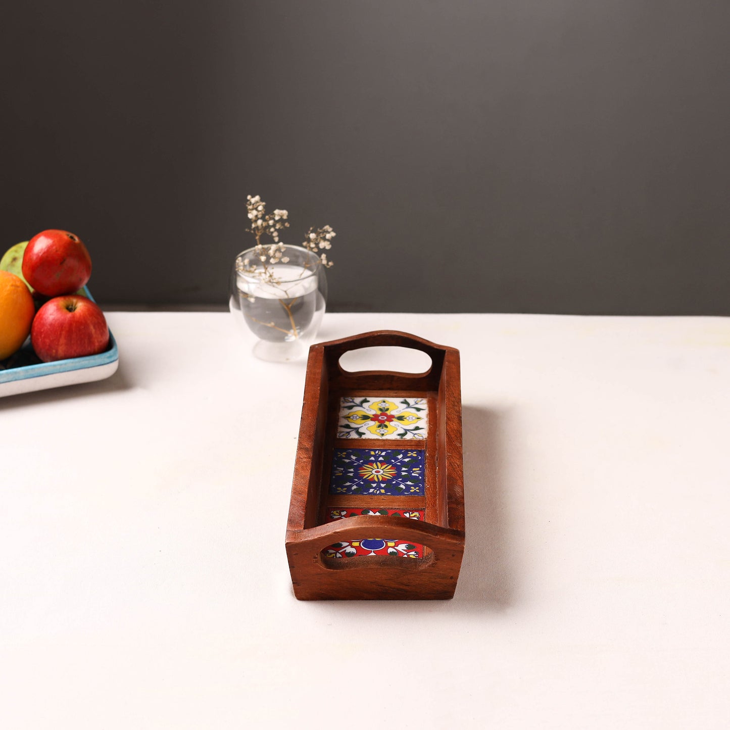 Handcrafted Blue Pottery Wooden Serving Tray (12 x 5 in) 40