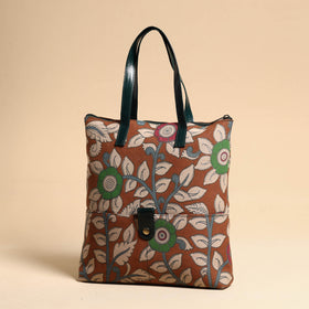 Brown Handcrafted Kalamkari Printed Hand Bag with Leather Handle