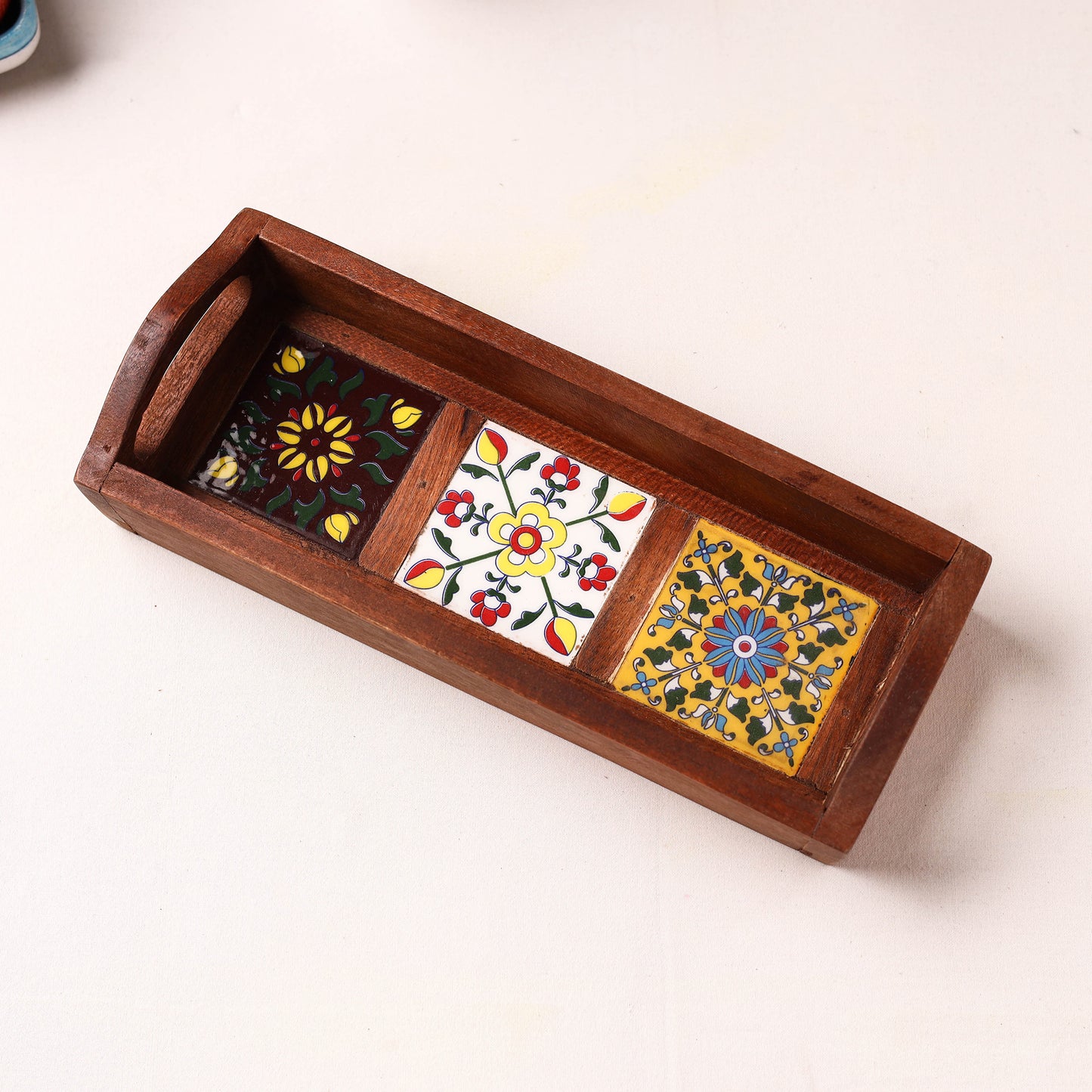 Handcrafted Blue Pottery Wooden Serving Tray (12 x 5 in) 41