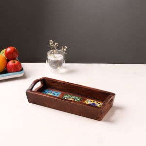 Handcrafted Blue Pottery Wooden Serving Tray (12 x 5 in) 42