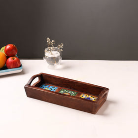 Handcrafted Blue Pottery Wooden Serving Tray (12 x 5 in) 42