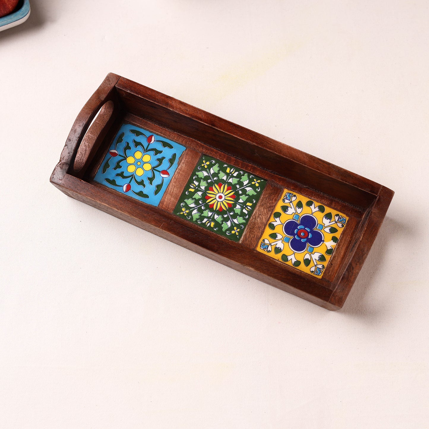 Handcrafted Blue Pottery Wooden Serving Tray (12 x 5 in) 42