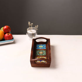 Handcrafted Blue Pottery Wooden Serving Tray (12 x 5 in) 42
